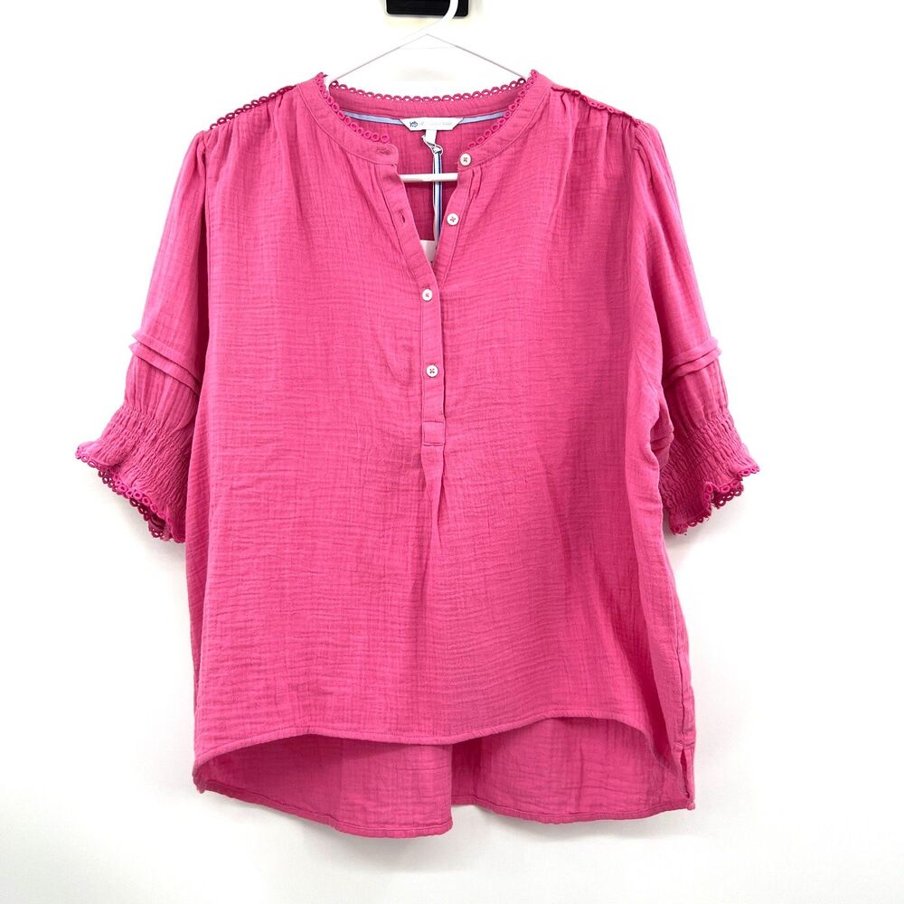 Southern Tide Harlow Top L Pink Very Berry Gauze Henley Smocked Sleeve NWT